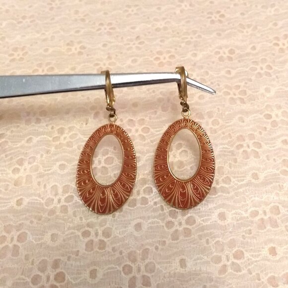 Vintage Red Gold Art Deco Gold Tone Large Oval Dangle Drop Earrings - Picture 1 of 9